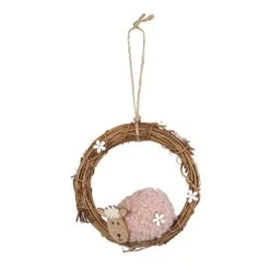 Dekohänger - Kranz Mit Schaf - Braun/rosa/weiß - Aus Holz - Ca. 14 X 14 Cm