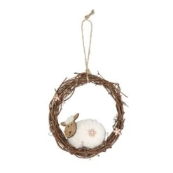 Dekohänger - Kranz Mit Schaf - Braun/weiß/rosa - Aus Holz - Ca. 14 X 14 Cm