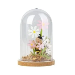 Holzdeko Mit Glaskuppel - Biene Und Blumen - Ca. 8 X 8 X 12 Cm