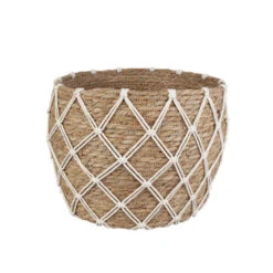 Korb Mit Netz - Aus Stroh Und Textil - Ca. 30/26x24,5 Cm