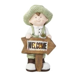 Junge Mit Solar LED Schild - Welcome - Aus Magnesia - Ca. 25,5 X 16,5 X 42 Cm